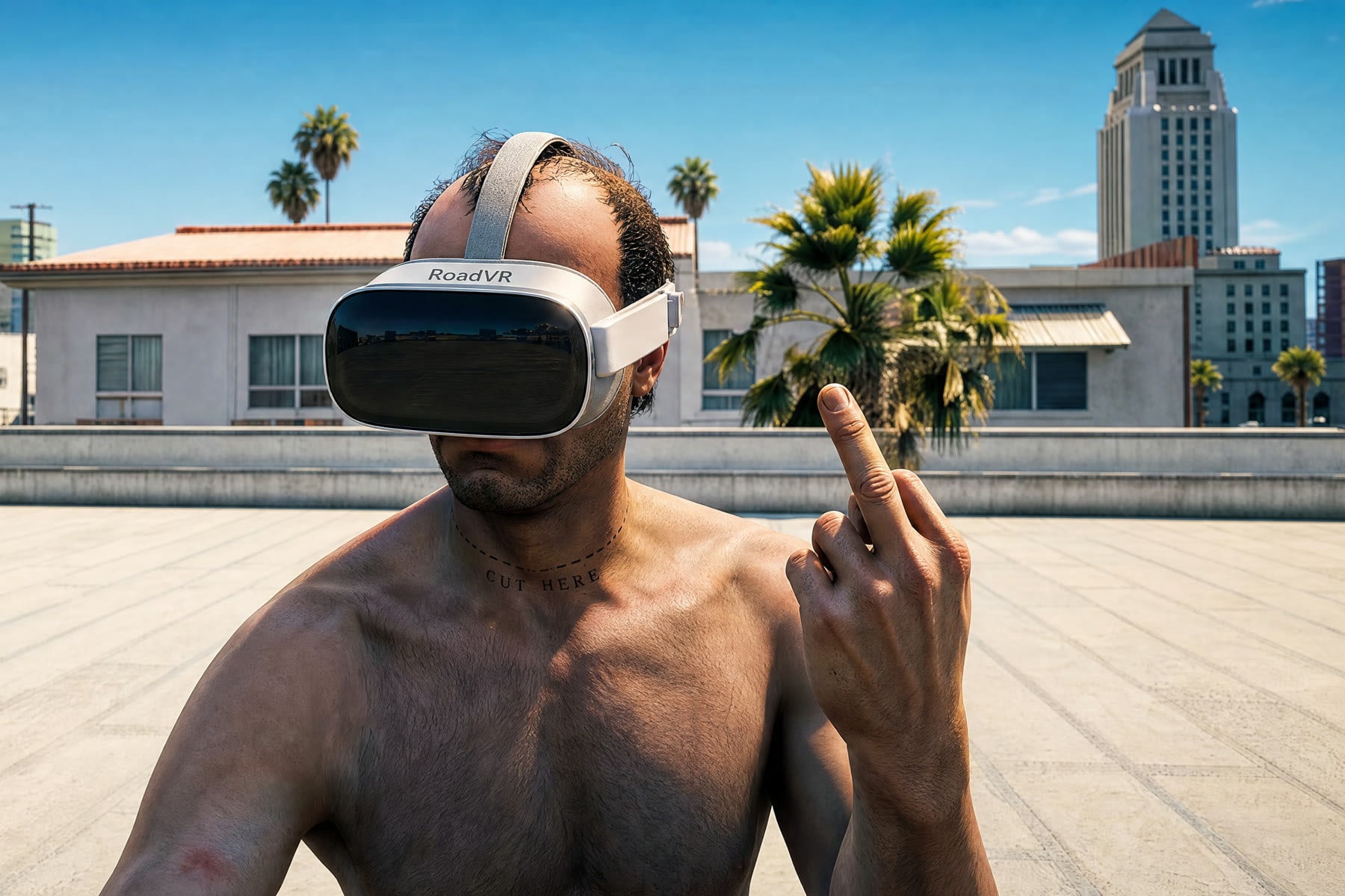 A man on a rooftop wearing the headset, raising one finger at the camera.