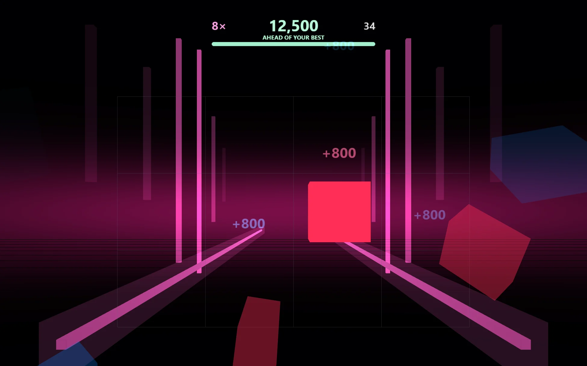 The Beat lane in RoadVR, with a red block on the grid, score, multiplier and energy bar