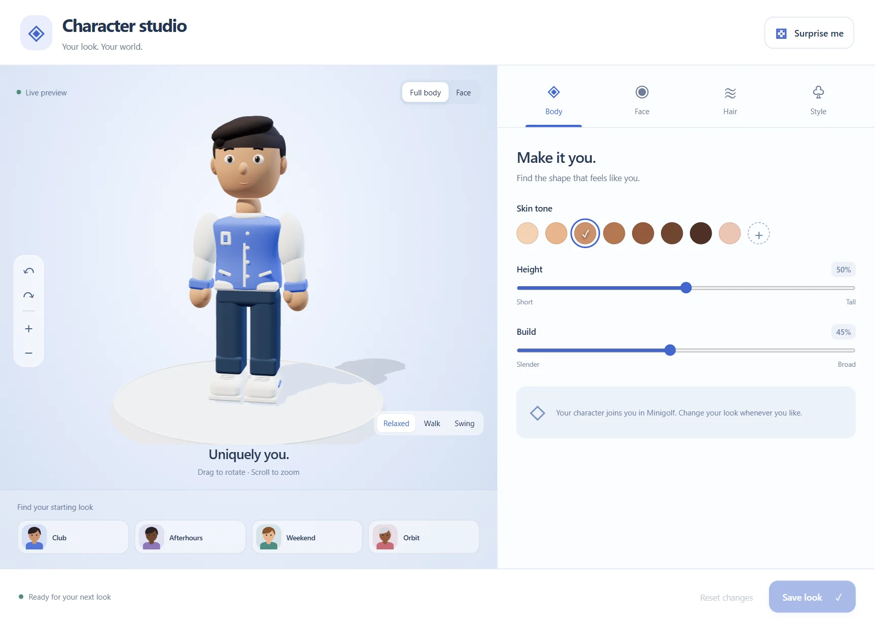 The RoadVR character studio with a live 3D preview, body sliders and starting looks